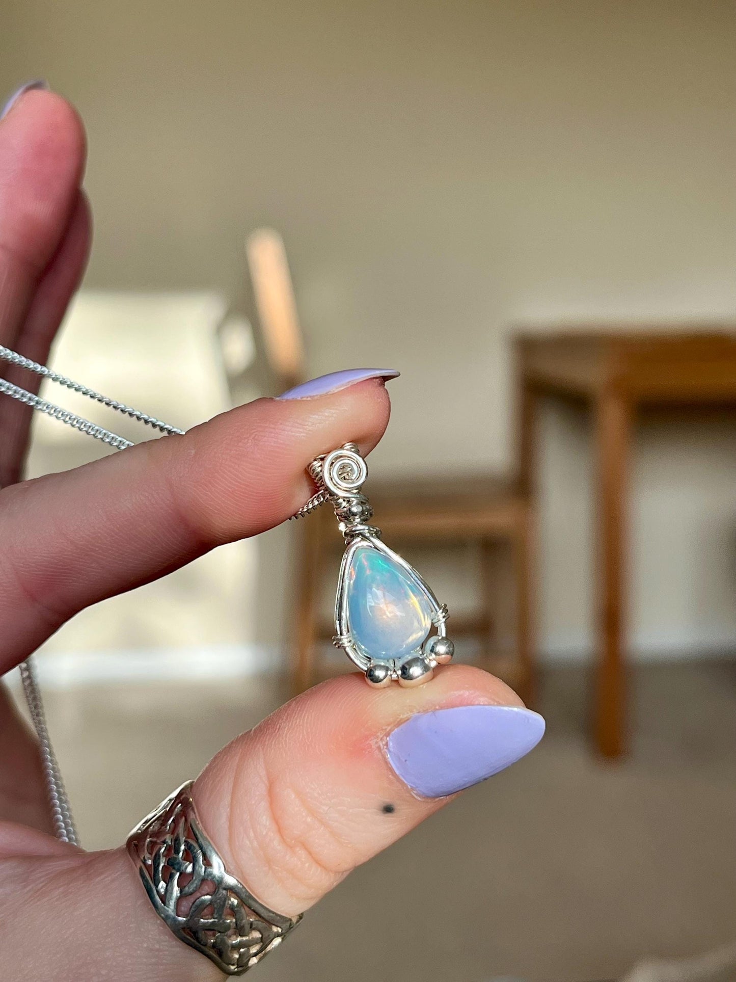 Ethiopian Opal in Sterling Silver necklace, Boho jewellery, October Birthstone