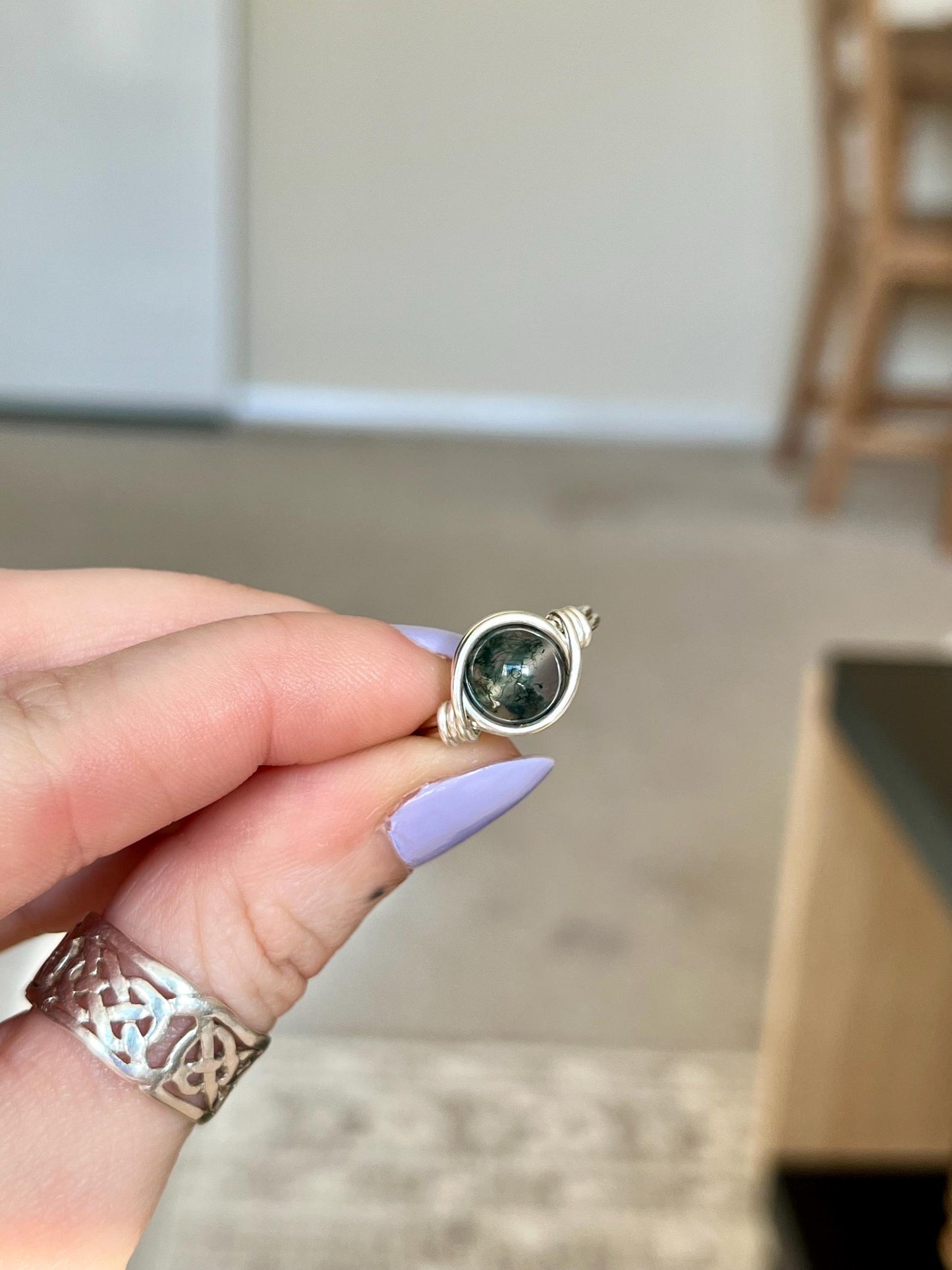 Sterling Silver Moss Agate Ring: Wire Wrapped Boho Style