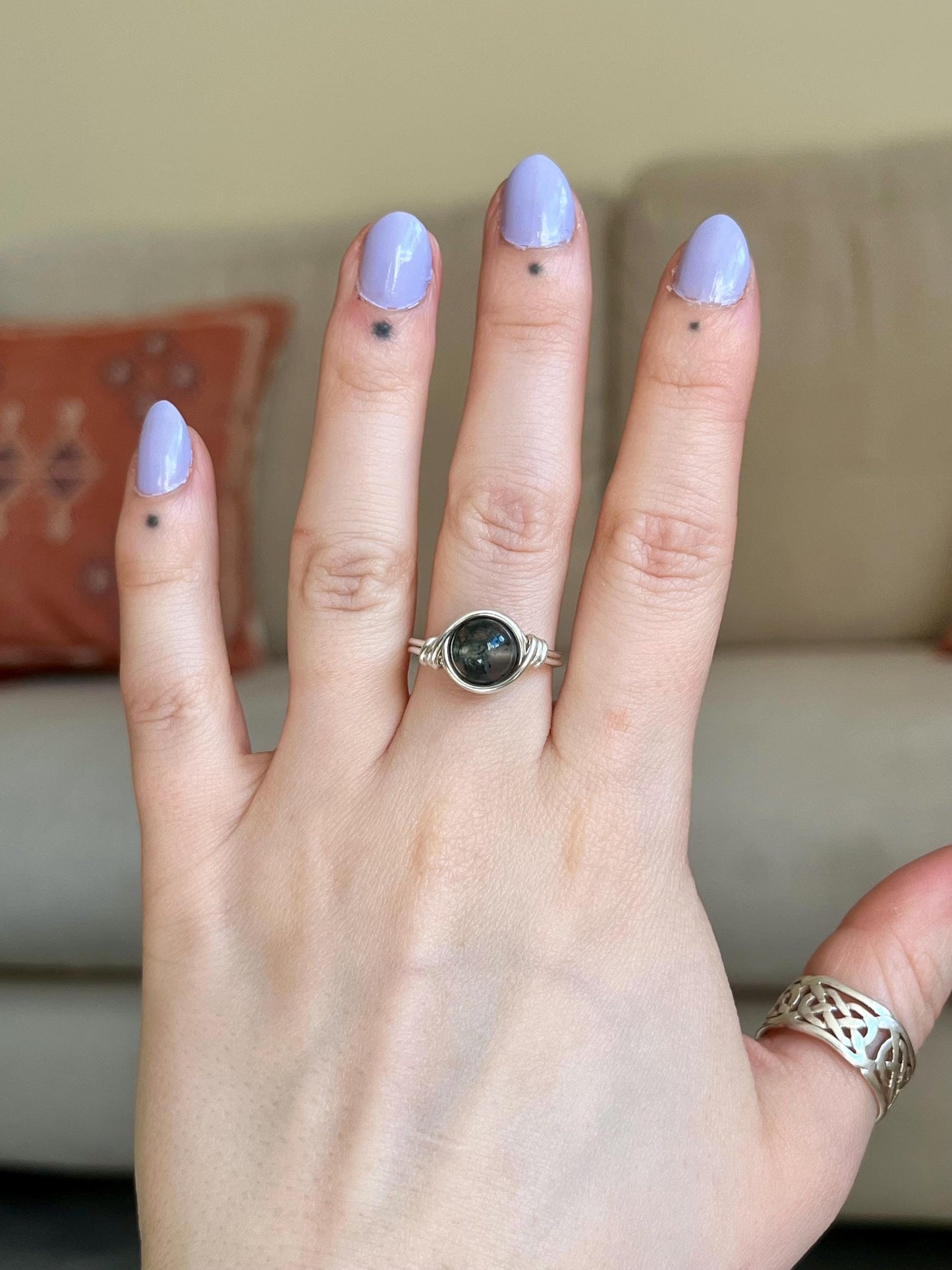 Sterling Silver Moss Agate Ring: Wire Wrapped Boho Style