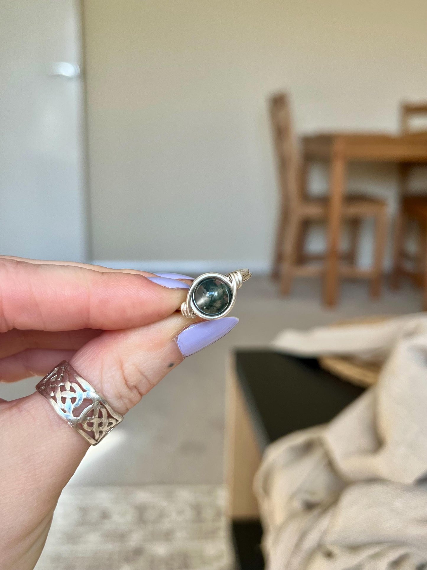 Sterling Silver Moss Agate Ring: Wire Wrapped Boho Style