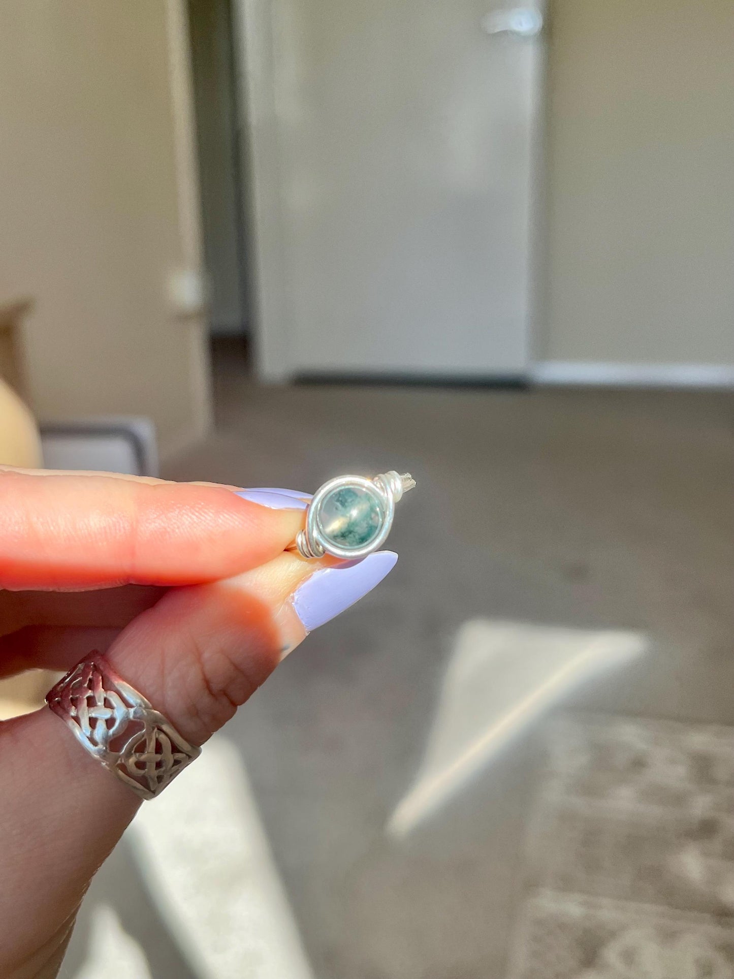 Sterling Silver Moss Agate Ring: Wire Wrapped Boho Style