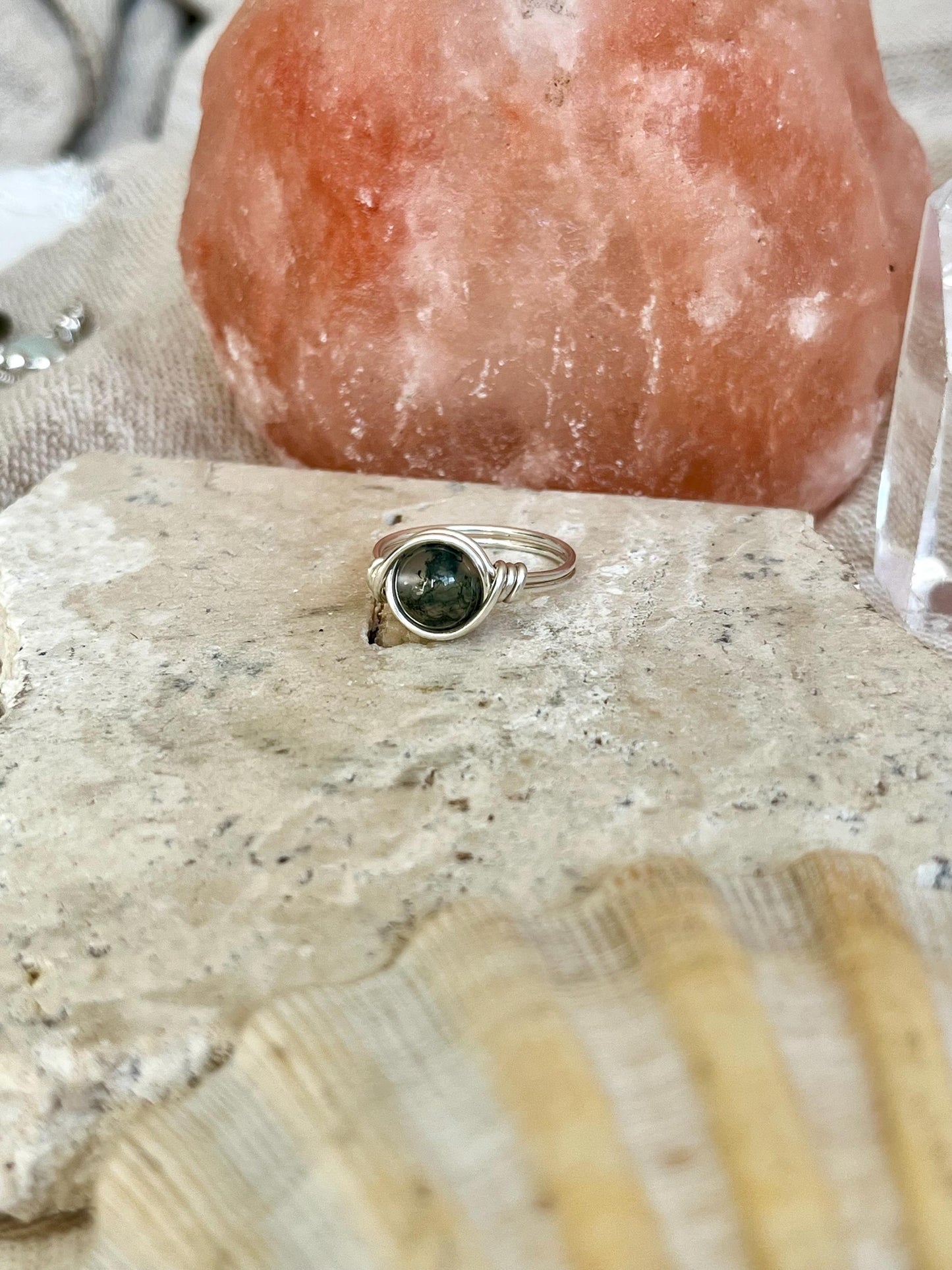 Sterling Silver Moss Agate Ring: Wire Wrapped Boho Style