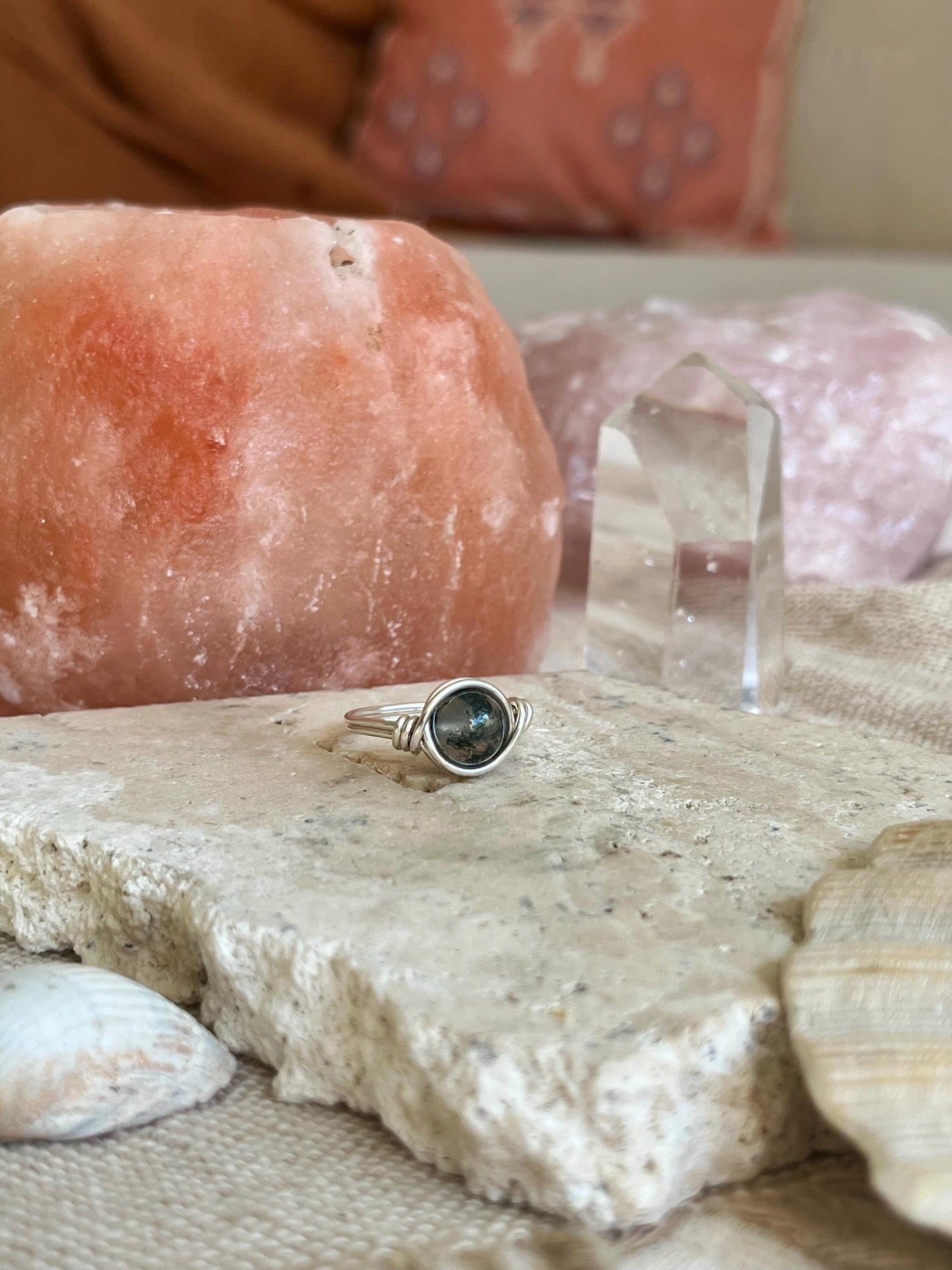 Sterling Silver Moss Agate Ring: Wire Wrapped Boho Style