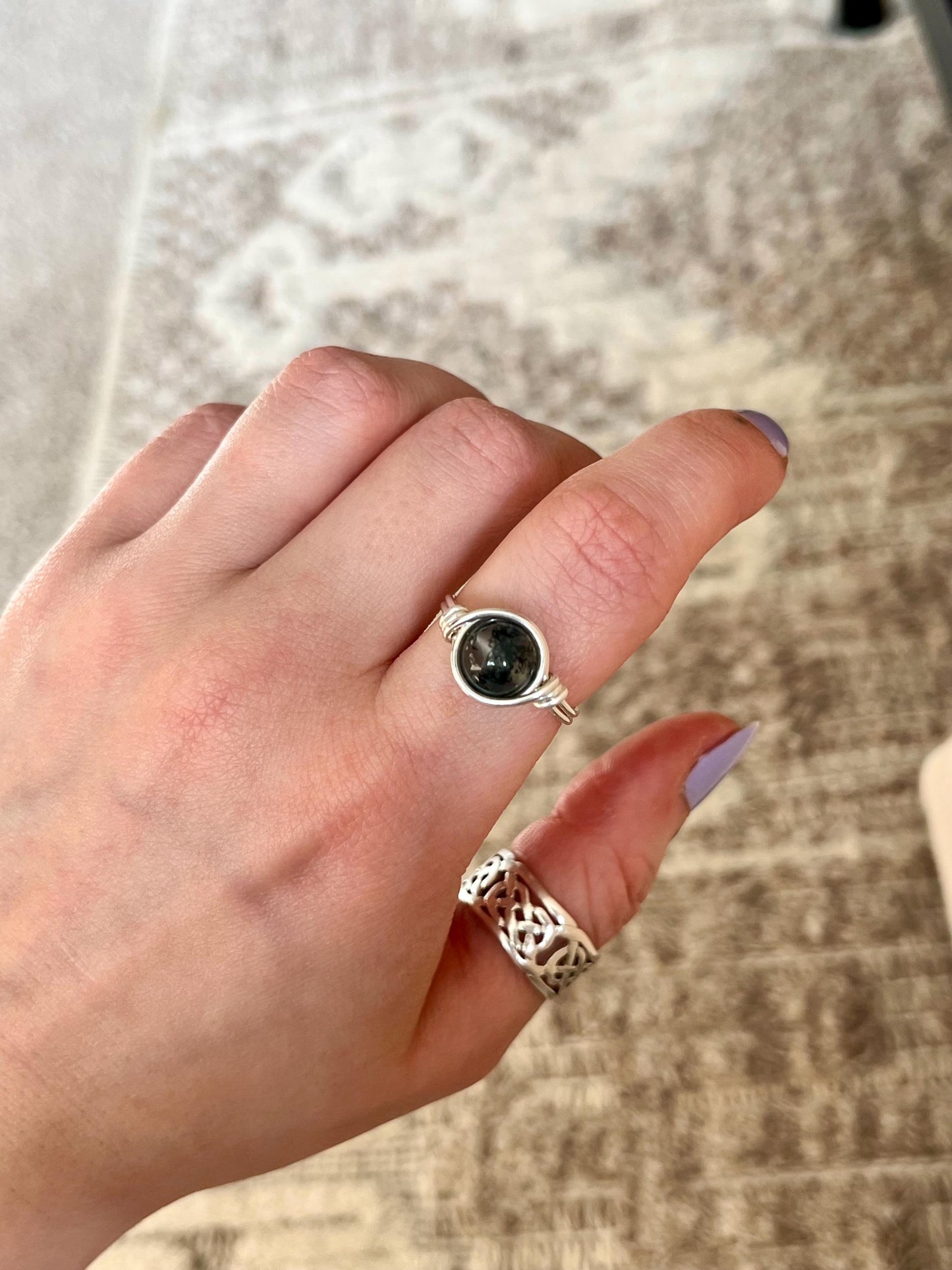 Sterling Silver Moss Agate Ring: Wire Wrapped Boho Style