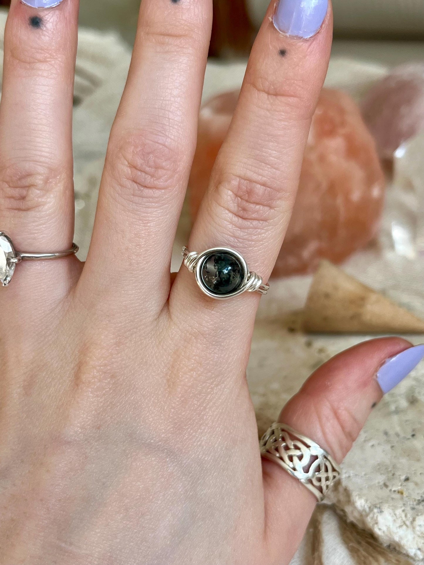 Sterling Silver Moss Agate Ring: Wire Wrapped Boho Style