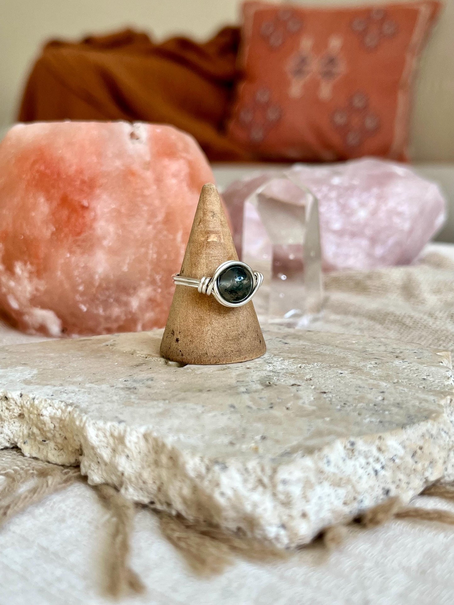 Sterling Silver Moss Agate Ring: Wire Wrapped Boho Style
