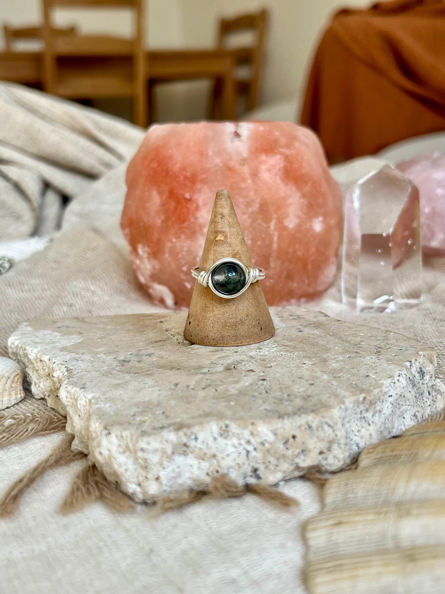 Sterling Silver Moss Agate Ring: Wire Wrapped Boho Style