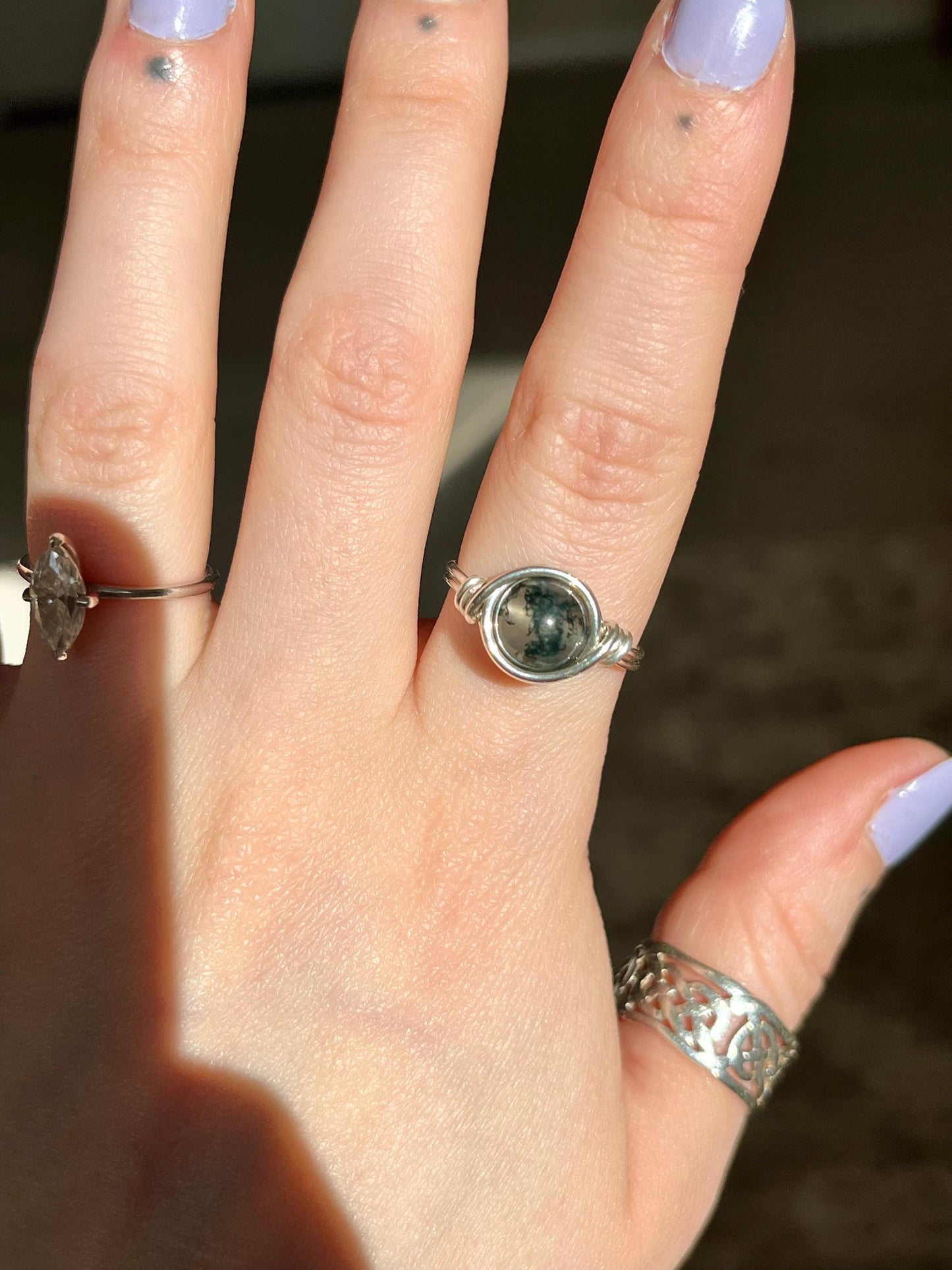 Sterling Silver Moss Agate Ring: Wire Wrapped Boho Style