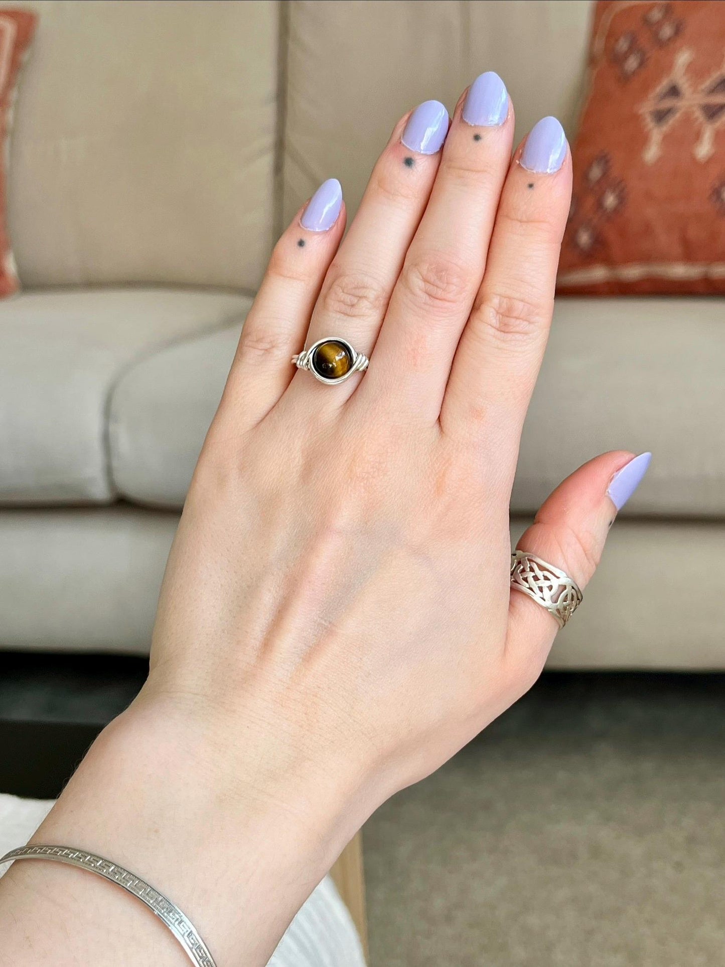 Sterling Silver Tigers Eye Ring: Wire Wrapped Boho Style
