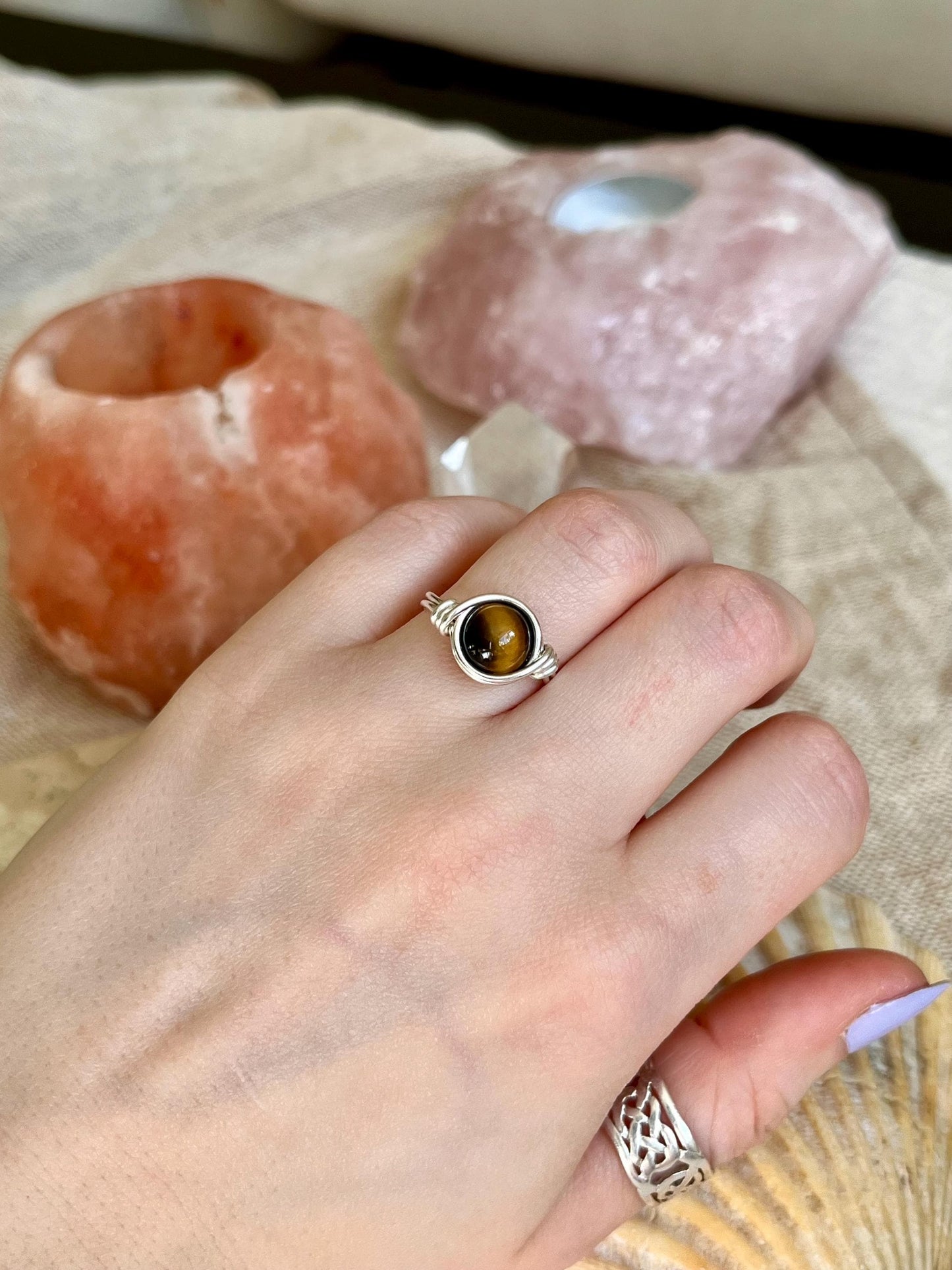 Sterling Silver Tigers Eye Ring: Wire Wrapped Boho Style