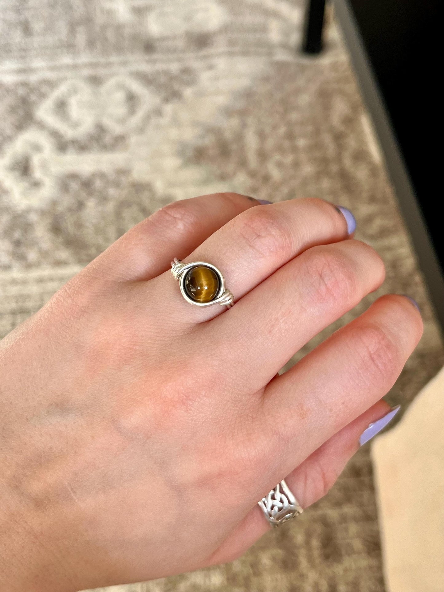 Sterling Silver Tigers Eye Ring: Wire Wrapped Boho Style