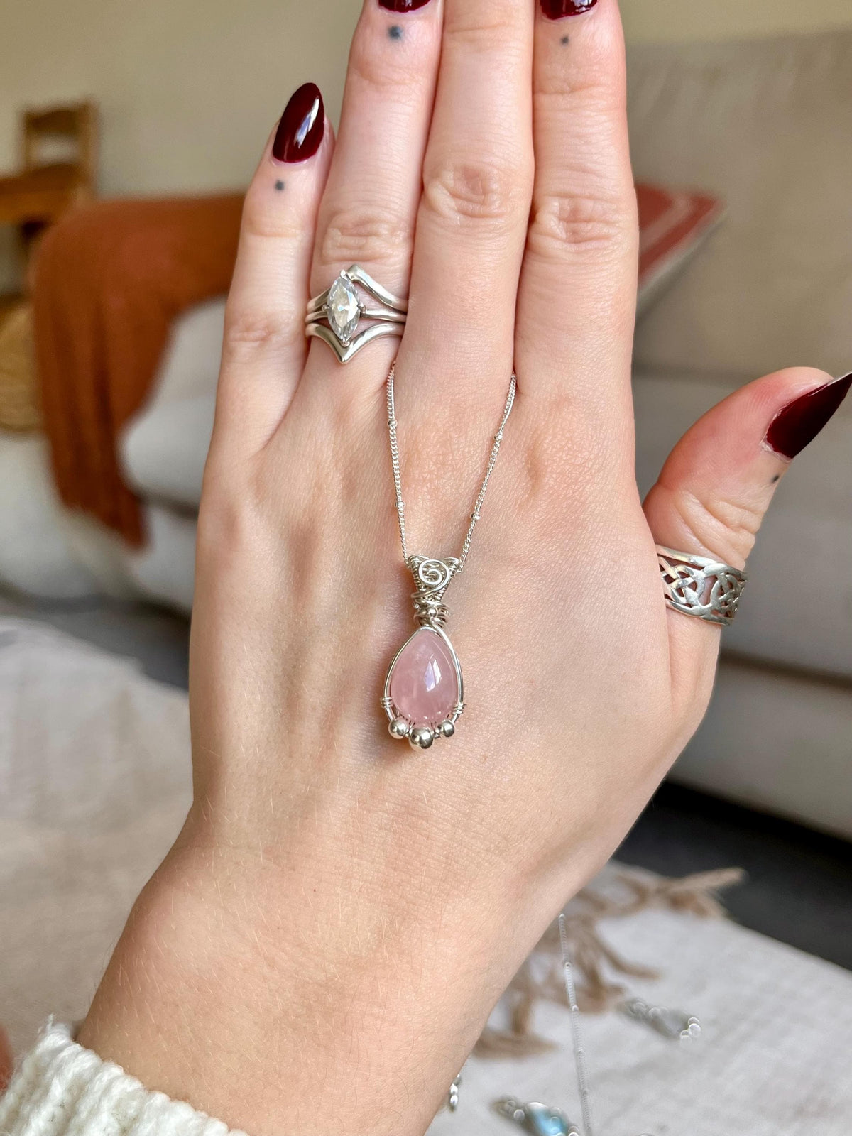 Rose Quartz Pendant Necklace | Handmade 925 Sterling Silver