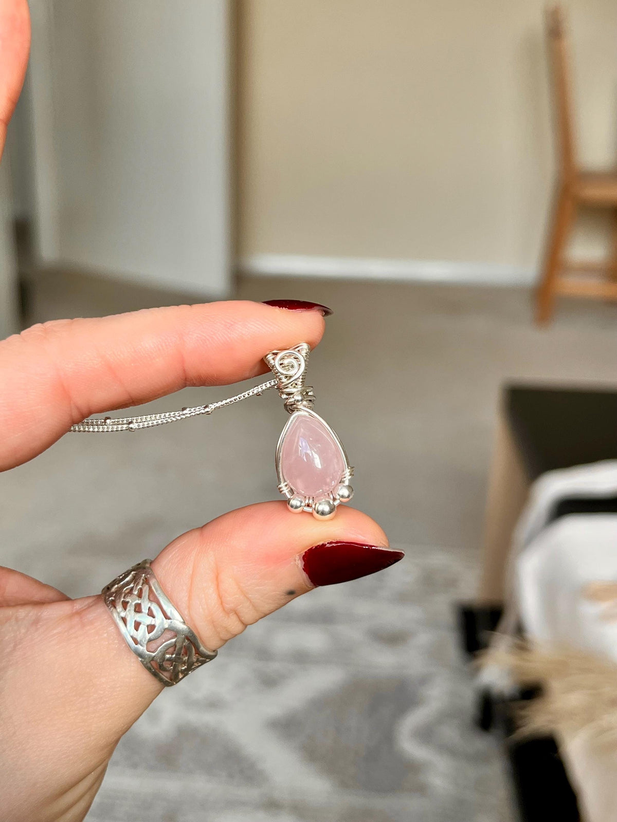 Rose Quartz Pendant Necklace | Handmade 925 Sterling Silver