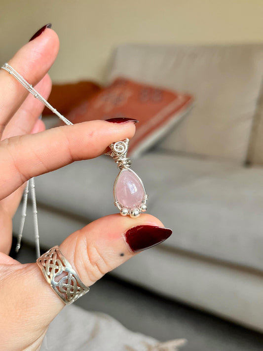 Rose Quartz Pendant Necklace | Handmade 925 Sterling Silver
