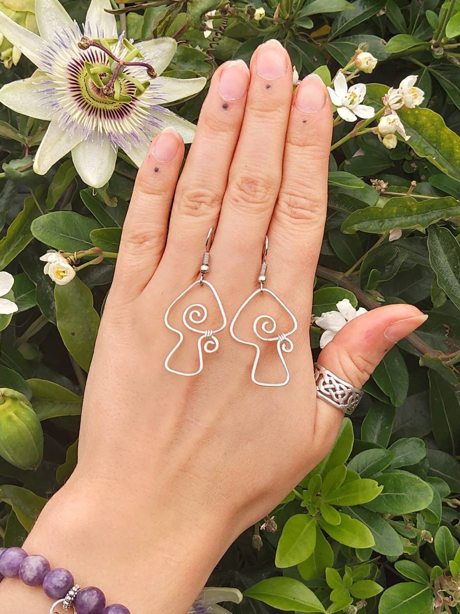 Sterling Silver mushroom earrings, hippie boho style, gift for her, fairy core