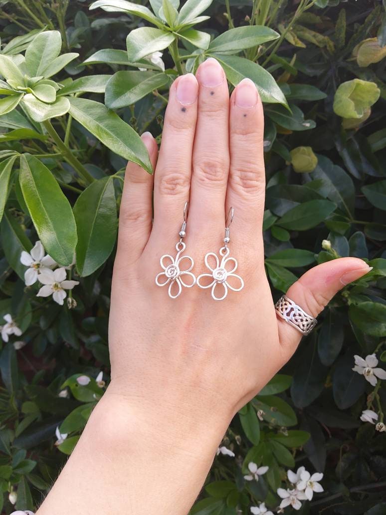 Sterling silver flower earrings, floral gift for her, hippie boho dainty style