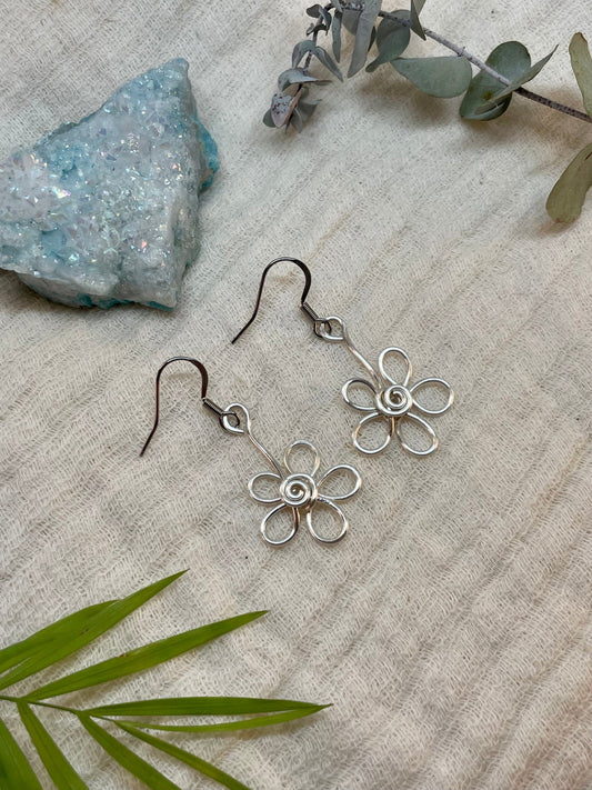 Sterling silver flower earrings, floral gift for her, hippie boho dainty style