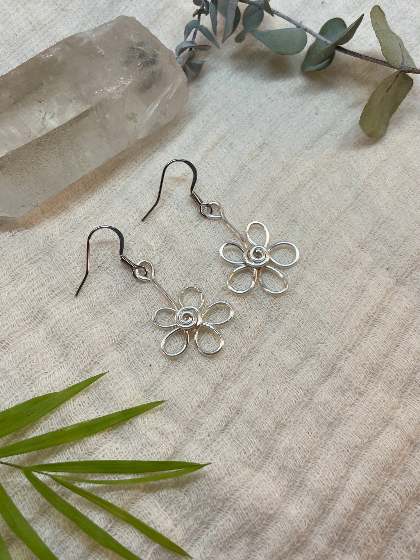 Sterling silver flower earrings, floral gift for her, hippie boho dainty style