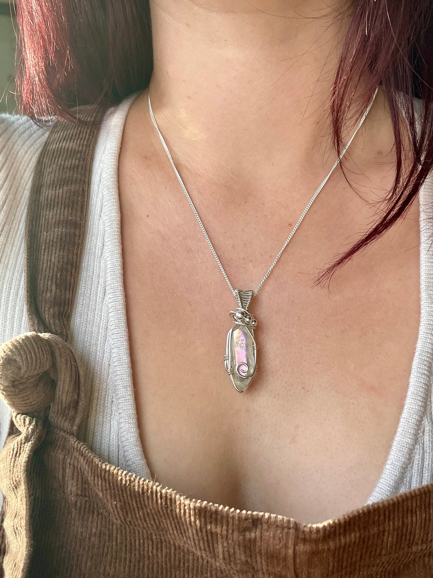 Wire wrap, Angel Aura Quartz Sterling Silver Pendant, Witchy jewellery, Gift for her