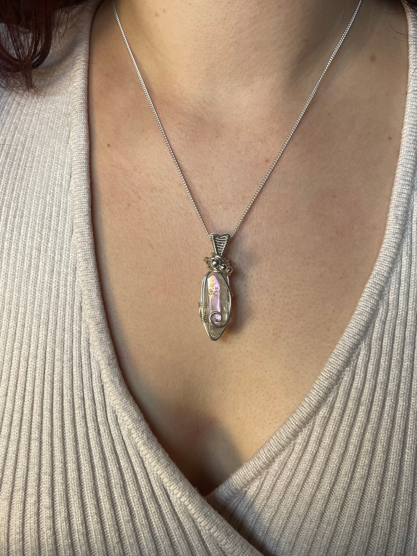 Wire wrap, Angel Aura Quartz Sterling Silver Pendant, Witchy jewellery, Gift for her