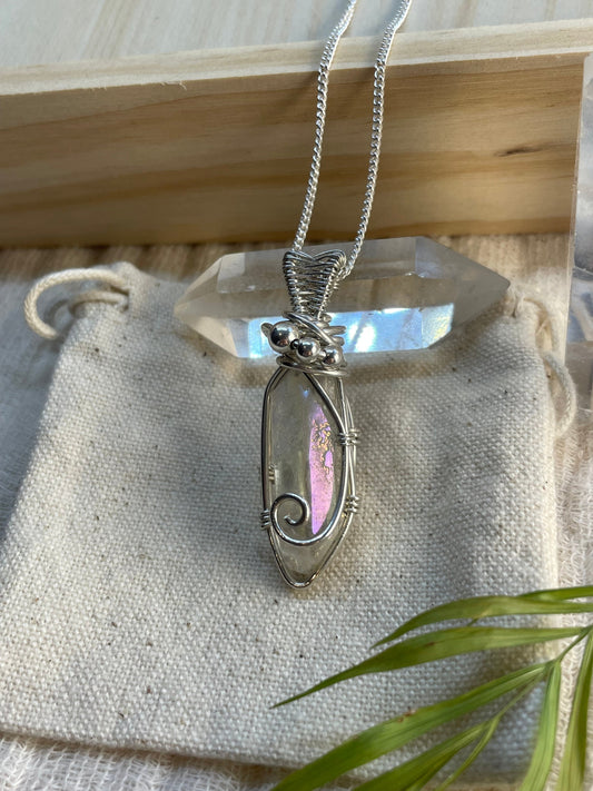 Wire wrap, Angel Aura Quartz Sterling Silver Pendant, Witchy jewellery, Gift for her