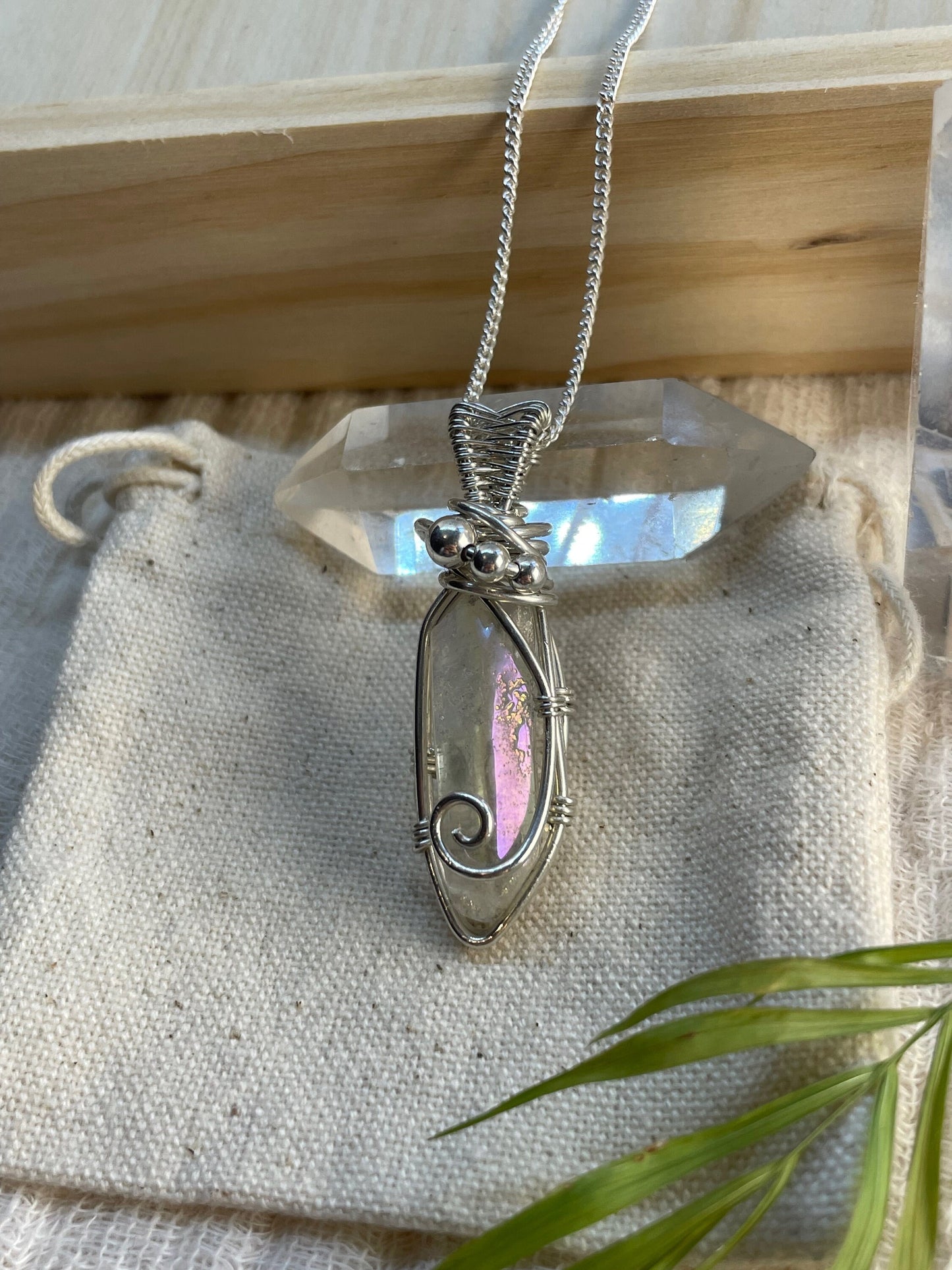 Wire wrap, Angel Aura Quartz Sterling Silver Pendant, Witchy jewellery, Gift for her