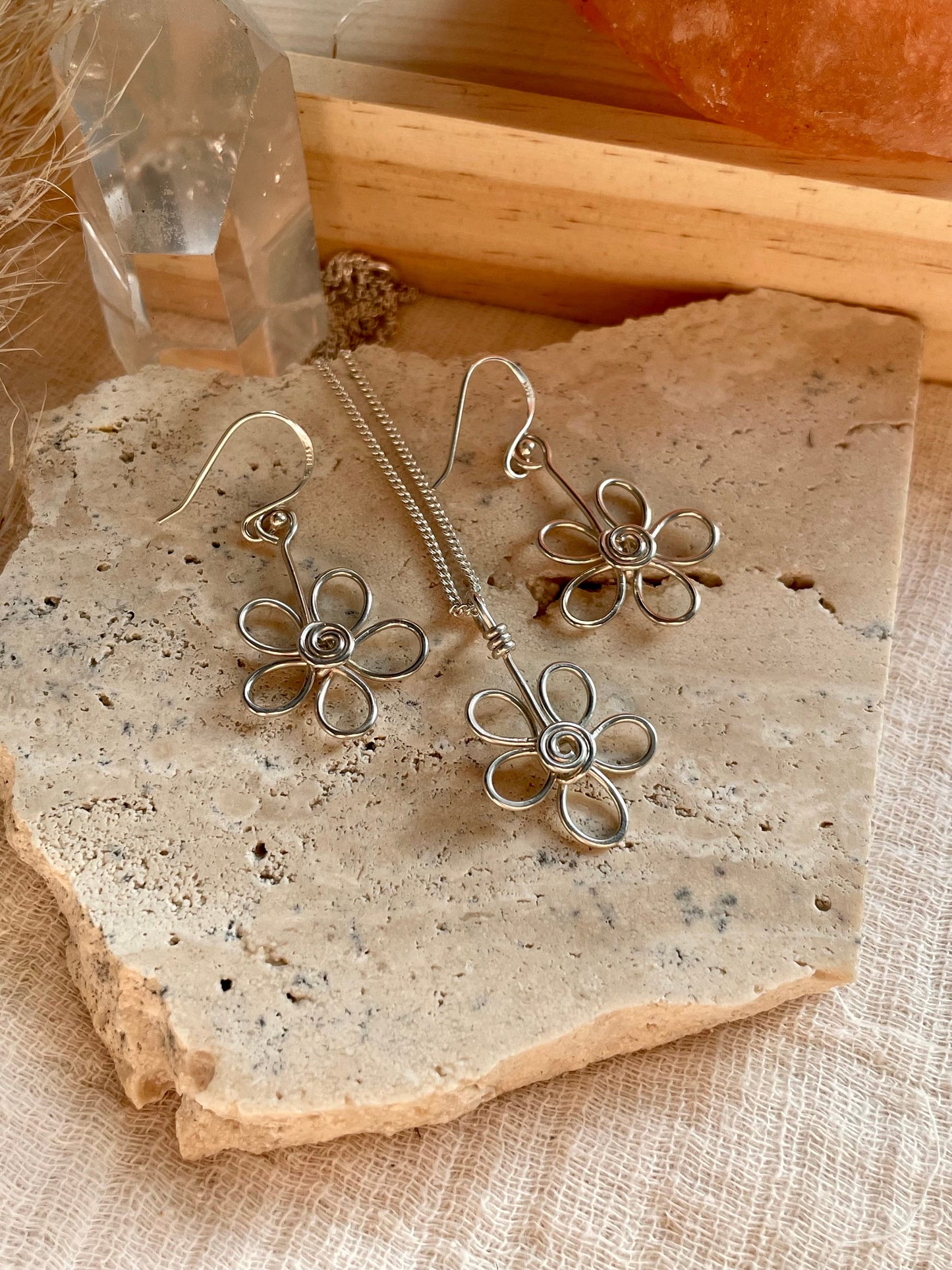 Sterling silver flower earrings, necklace and earrings gift set, Gift ideas for her