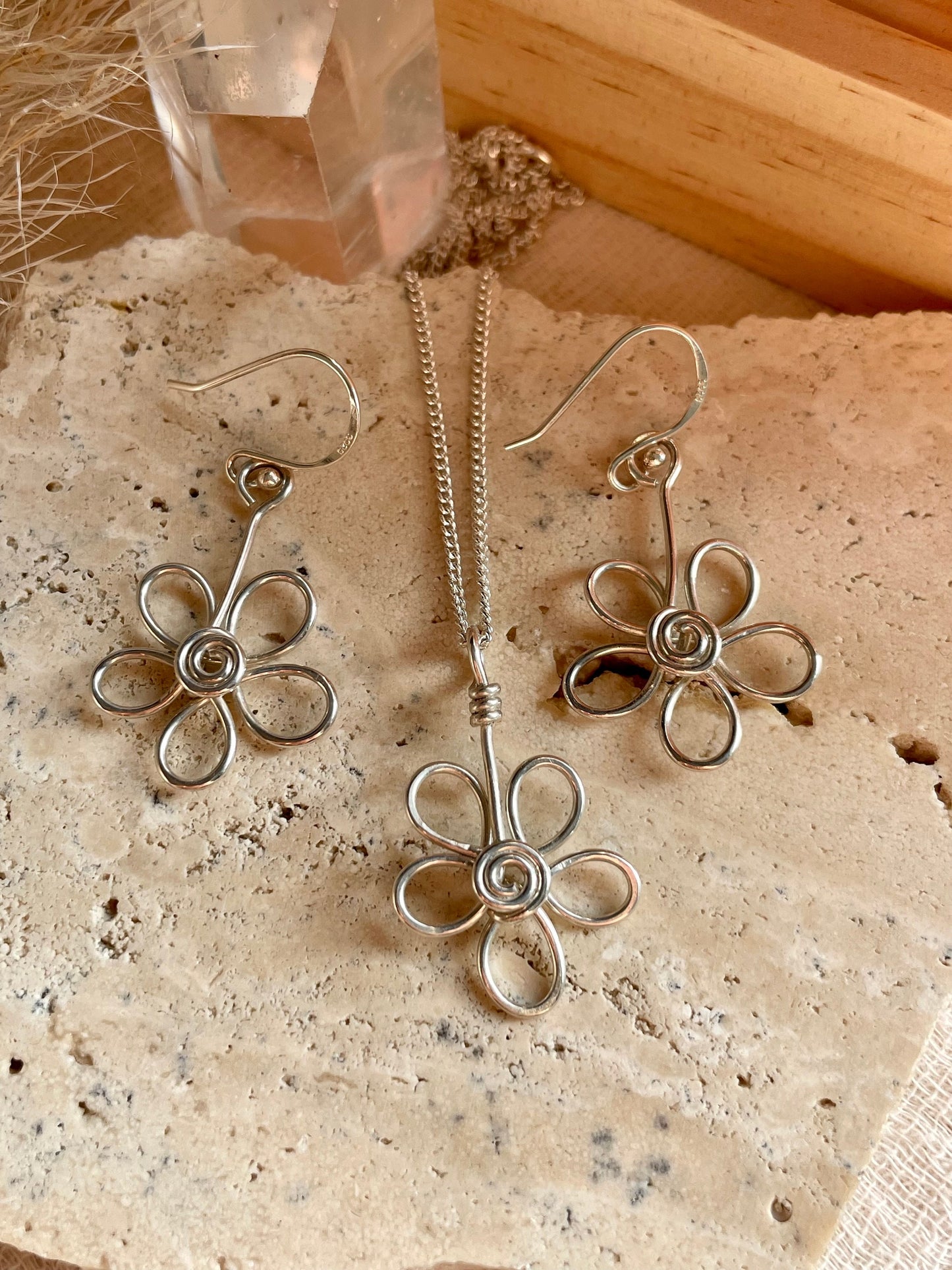 Sterling silver flower earrings, necklace and earrings gift set, Gift ideas for her
