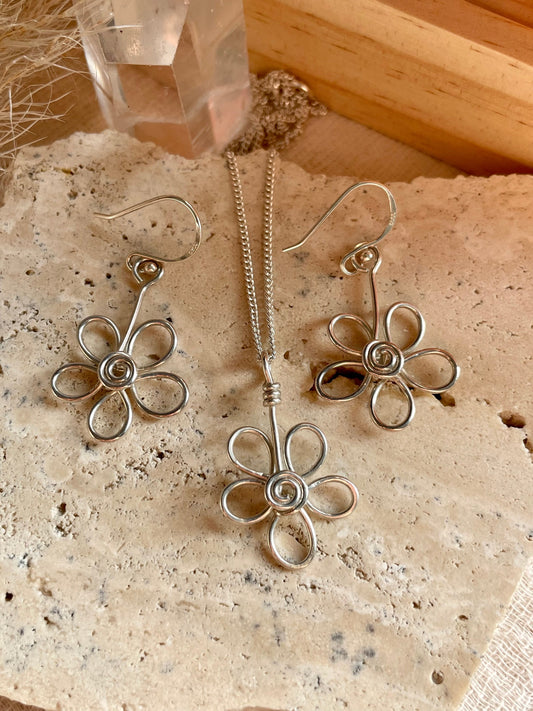 Sterling silver flower earrings, necklace and earrings gift set, Gift ideas for her