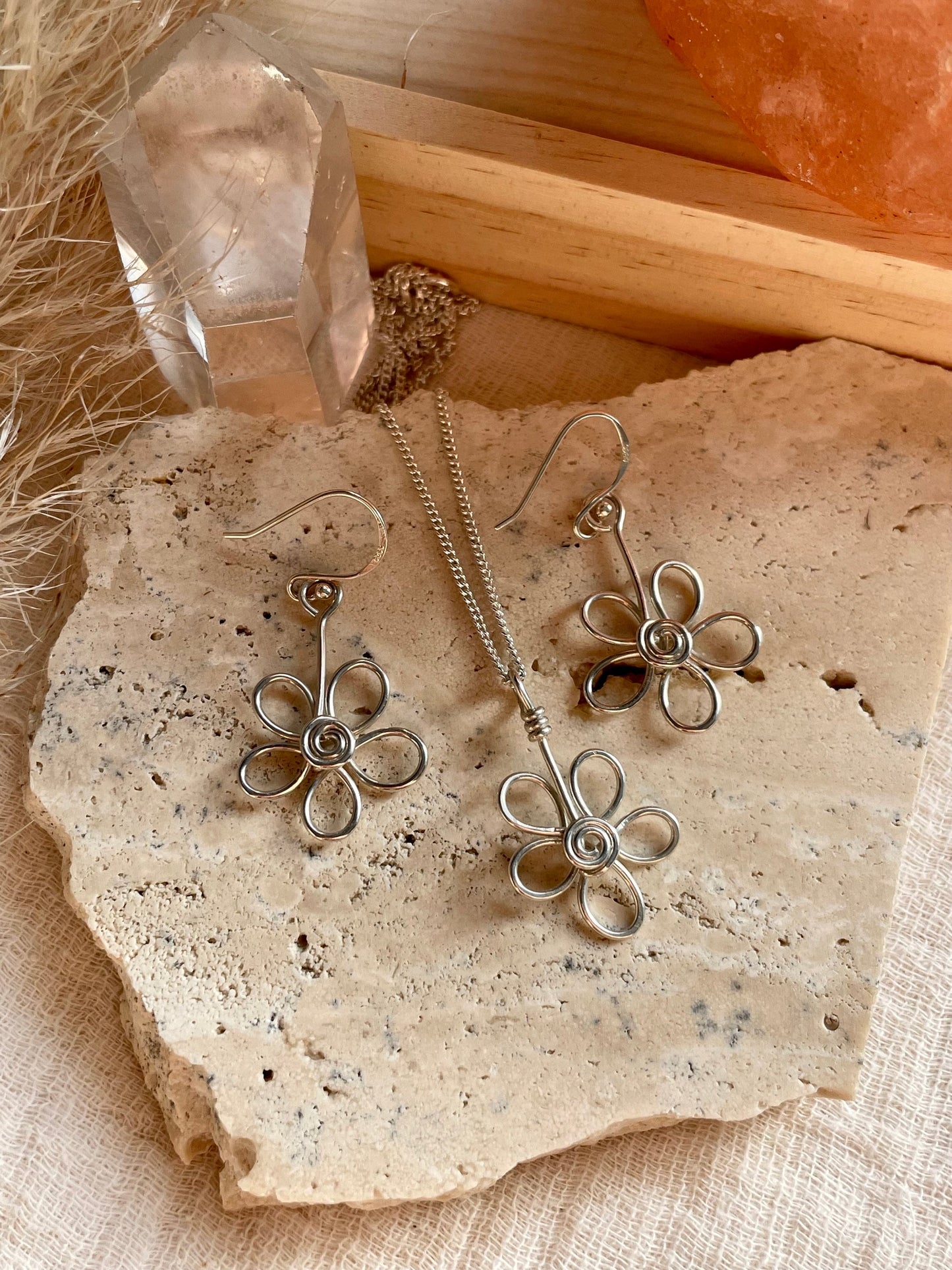 Sterling silver flower earrings, necklace and earrings gift set, Gift ideas for her