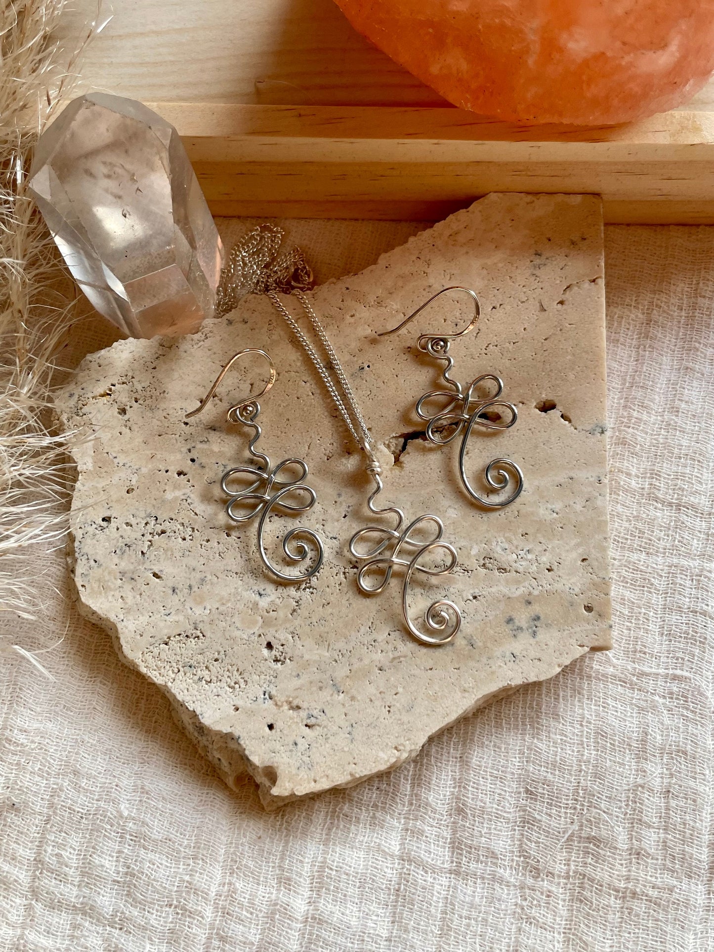 Sterling Silver Unalome gift set, Wire wrapped yoga earrings, Meditation gift for her