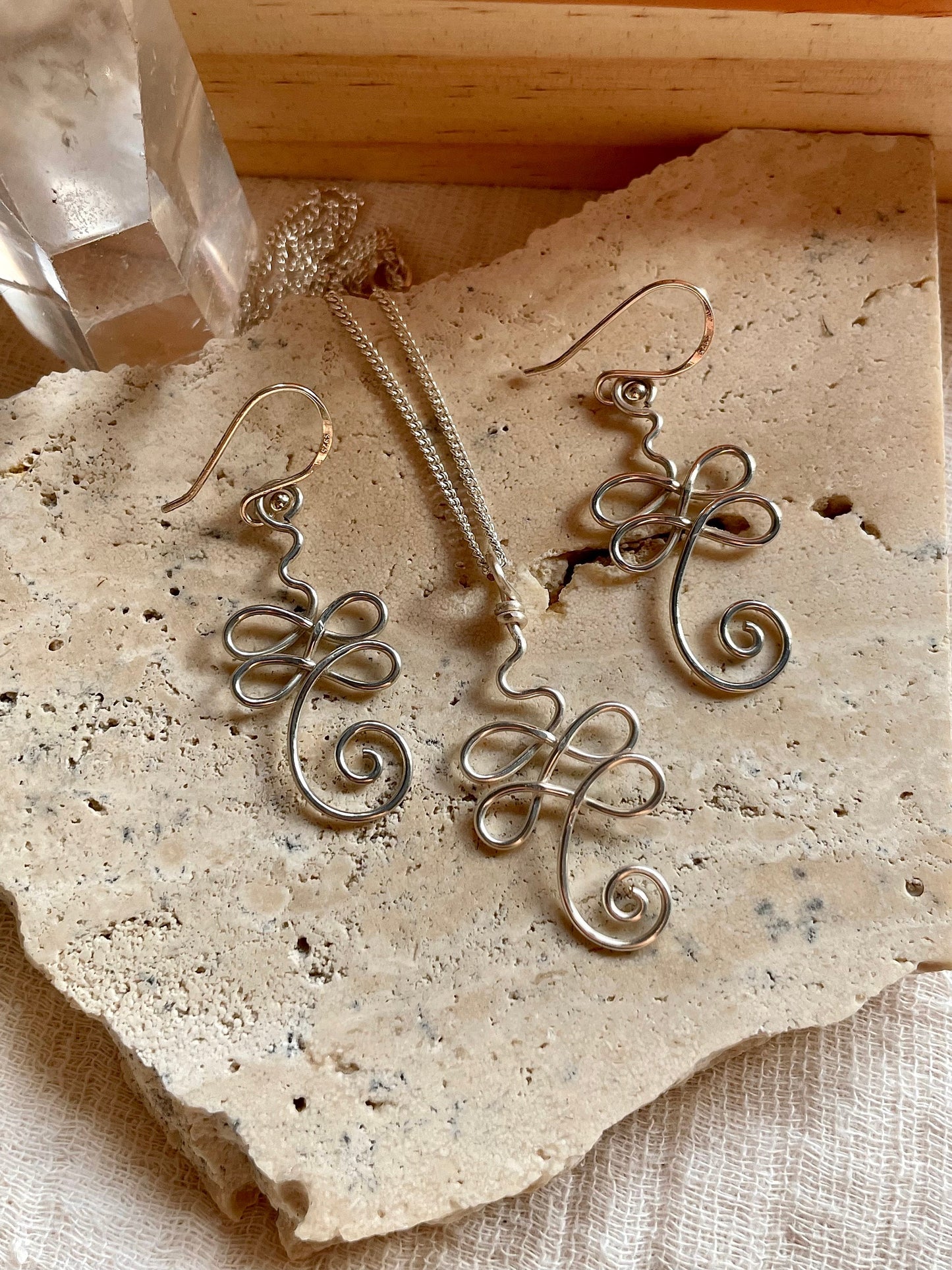 Sterling Silver Unalome gift set, Wire wrapped yoga earrings, Meditation gift for her