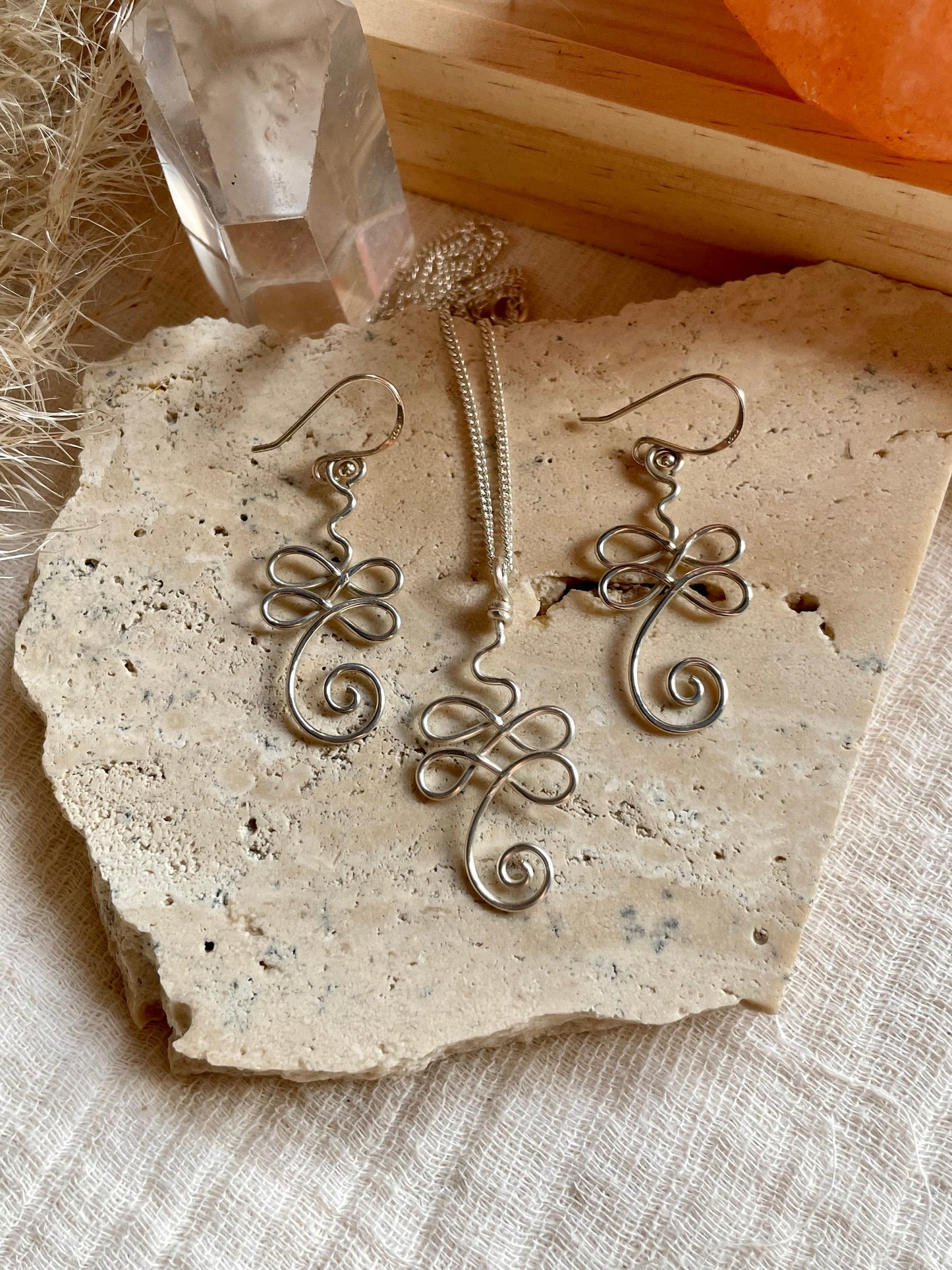 Sterling Silver Unalome gift set, Wire wrapped yoga earrings, Meditation gift for her