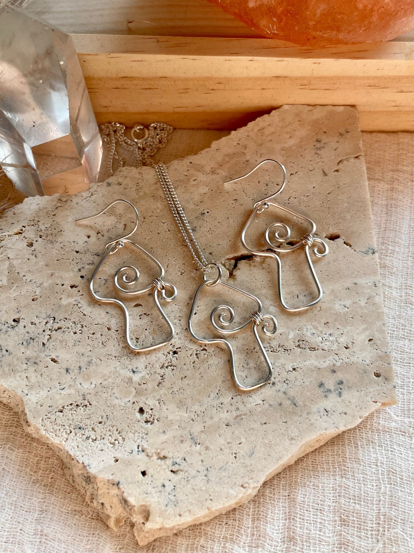 Sterling Silver Mushroom gift set  mushroom earrings silver dangle  wire wrapped mushroom earrings  gift for her  gift ideas