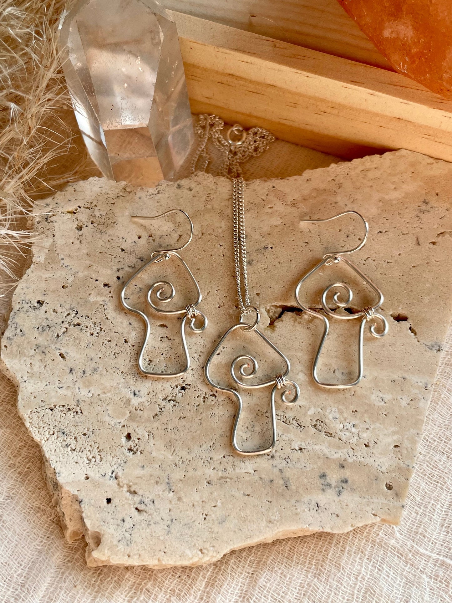 Sterling Silver Mushroom gift set  mushroom earrings silver dangle  wire wrapped mushroom earrings  gift for her  gift ideas