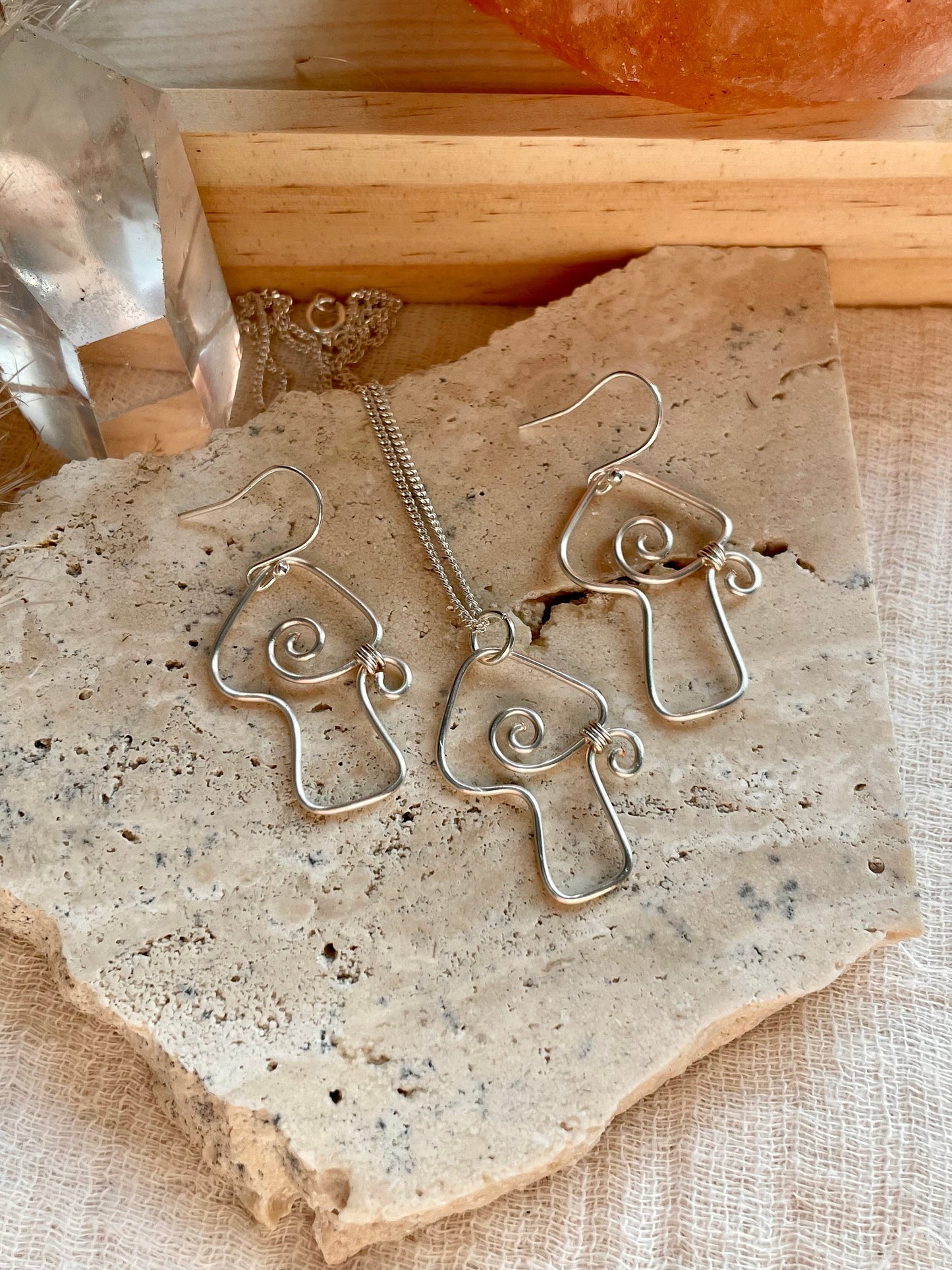 Sterling Silver Mushroom gift set  mushroom earrings silver dangle  wire wrapped mushroom earrings  gift for her  gift ideas