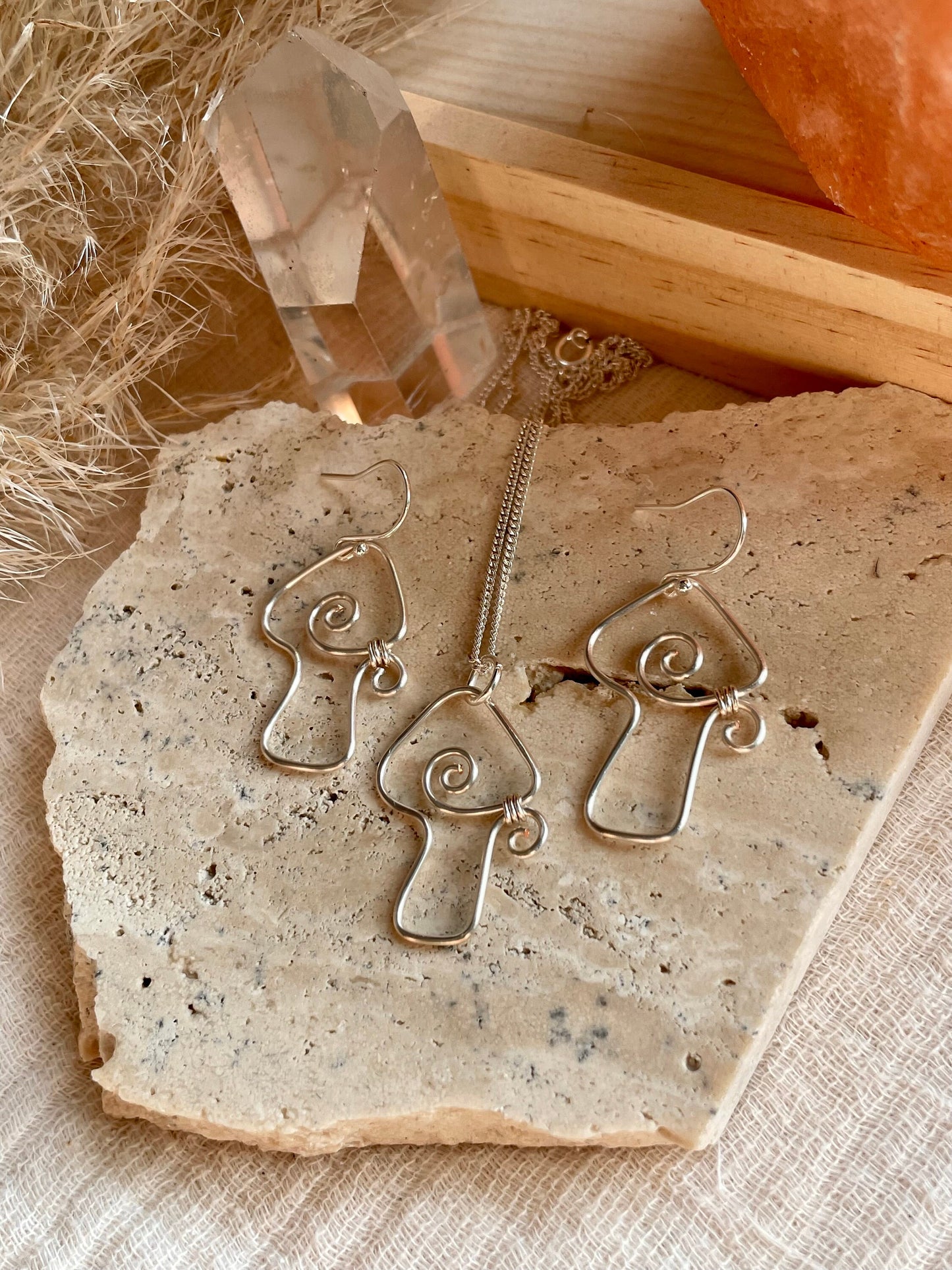 Sterling Silver Mushroom gift set  mushroom earrings silver dangle  wire wrapped mushroom earrings  gift for her  gift ideas