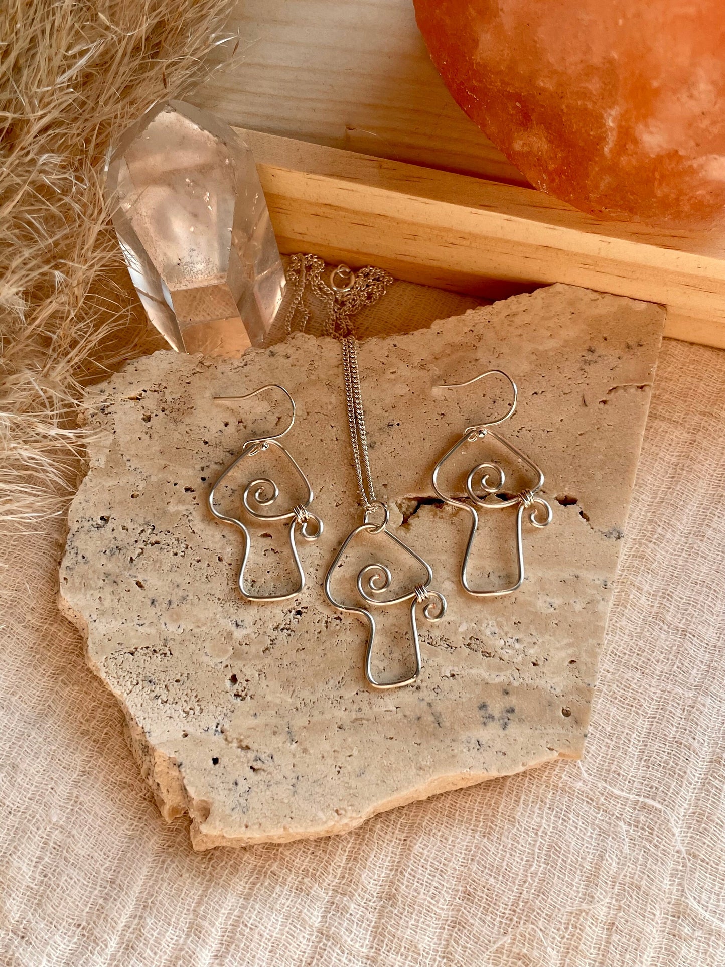 Sterling Silver Mushroom gift set  mushroom earrings silver dangle  wire wrapped mushroom earrings  gift for her  gift ideas