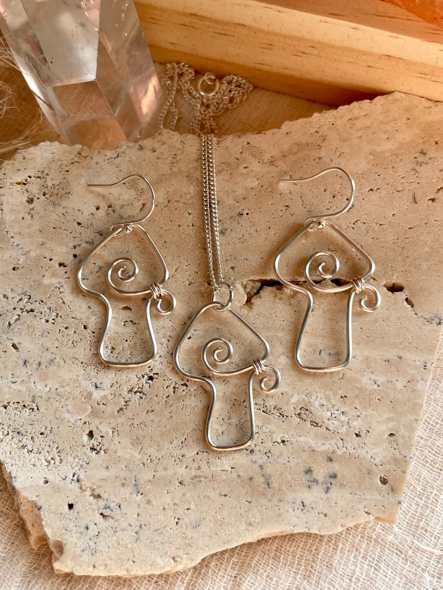 Sterling Silver Mushroom gift set  mushroom earrings silver dangle  wire wrapped mushroom earrings  gift for her  gift ideas