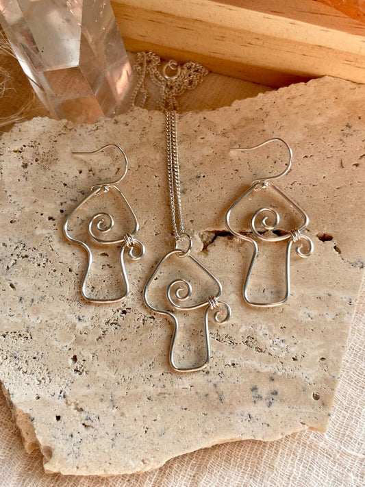 Sterling Silver Mushroom gift set  mushroom earrings silver dangle  wire wrapped mushroom earrings  gift for her  gift ideas