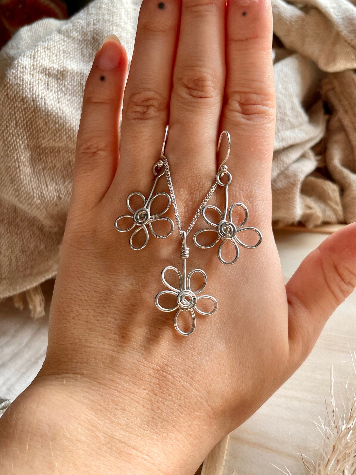 Sterling silver flower earrings, necklace and earrings gift set, Gift ideas for her