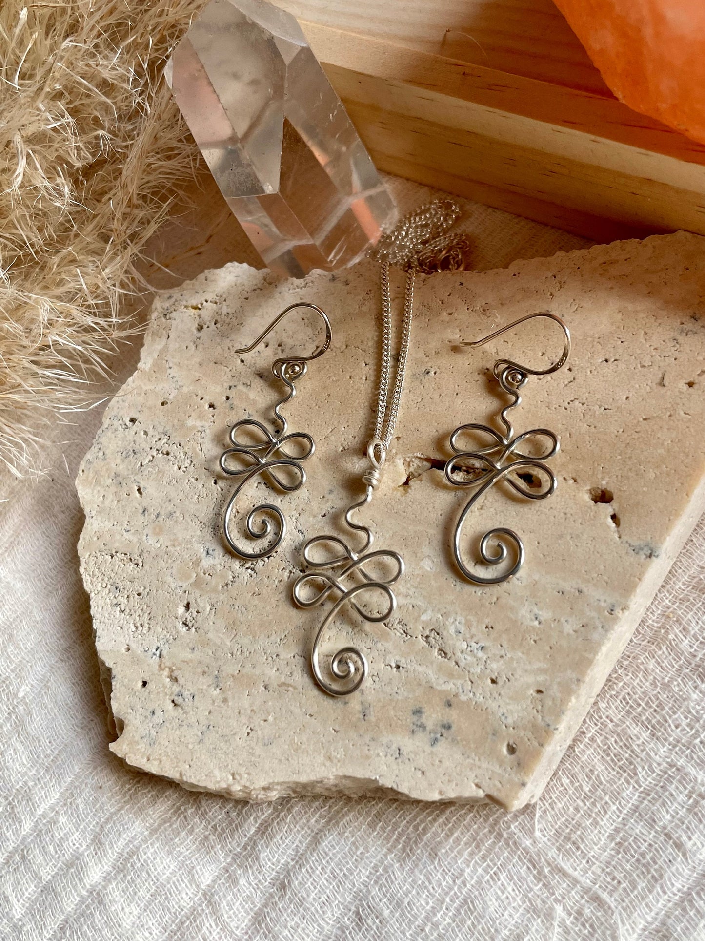 Sterling Silver Unalome gift set, Wire wrapped yoga earrings, Meditation gift for her