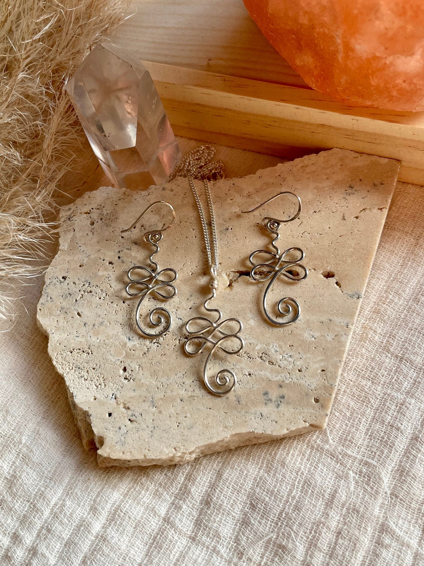 Sterling Silver Unalome gift set, Wire wrapped yoga earrings, Meditation gift for her