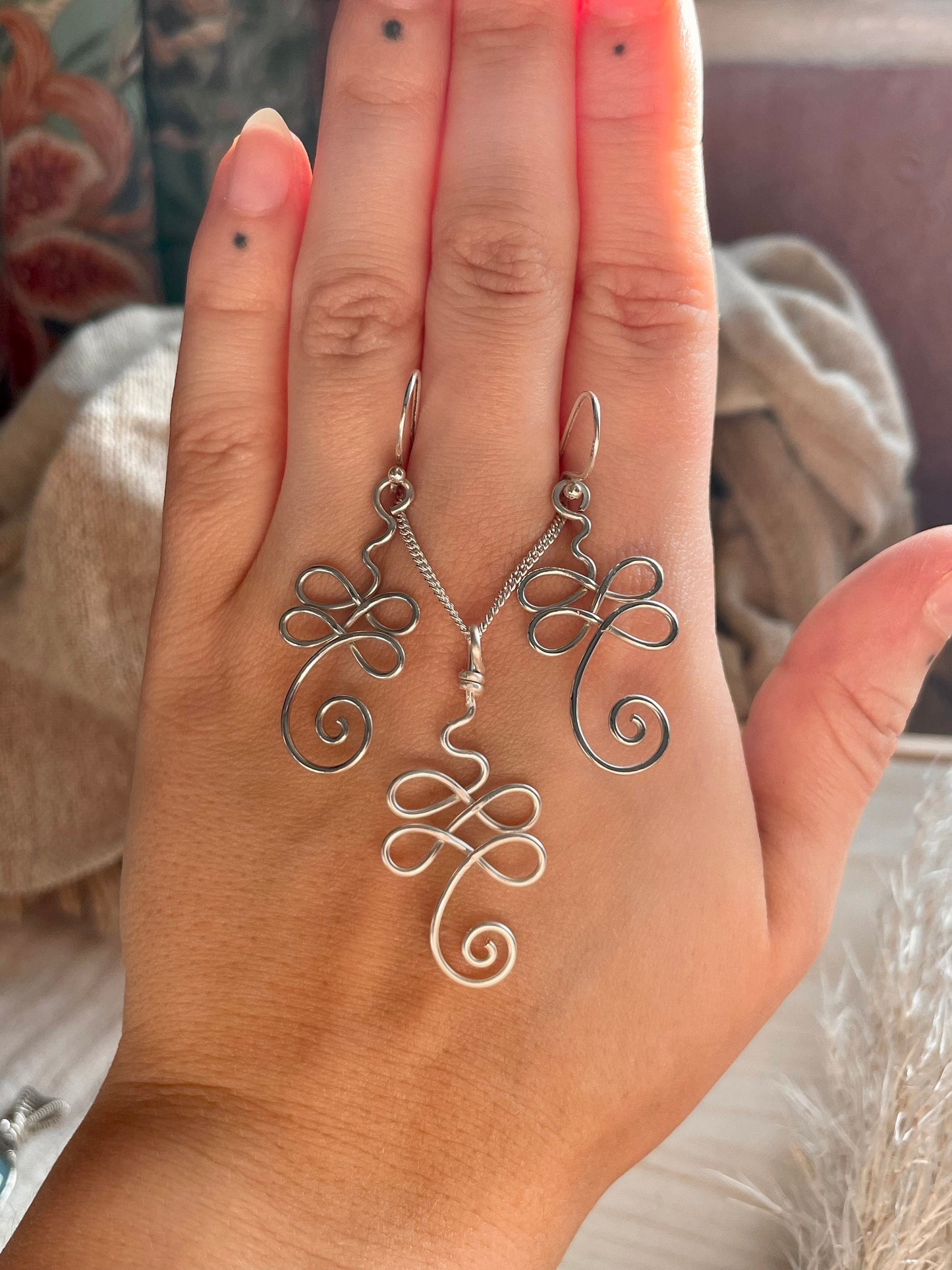 Sterling Silver Unalome gift set, Wire wrapped yoga earrings, Meditation gift for her