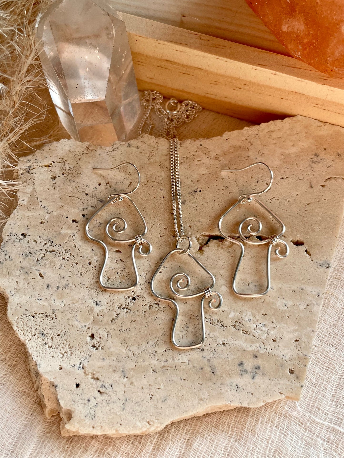 Sterling Silver Mushroom gift set  mushroom earrings silver dangle  wire wrapped mushroom earrings  gift for her  gift ideas