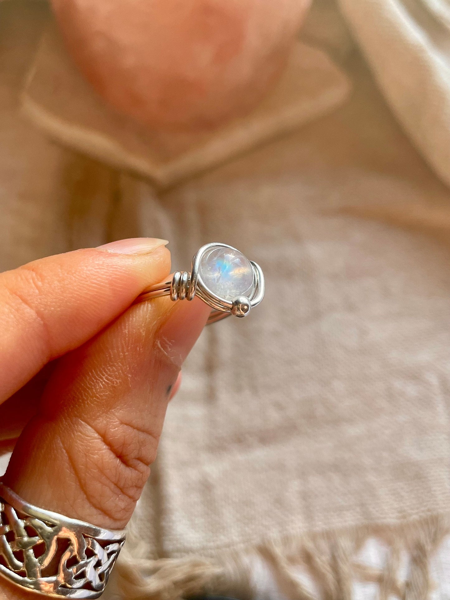 Rainbow Moonstone ring in Sterling Silver, Boho gift for her, June Birthstone
